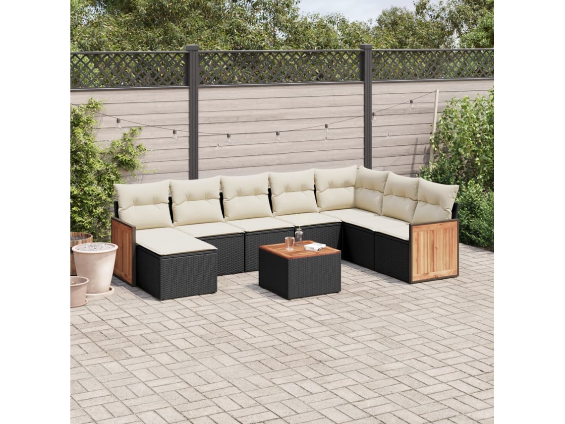 Vidaxl 9 Pcs Conjunto De Sofás P/ Jardim C/ Almofadões Vime Pe Preto