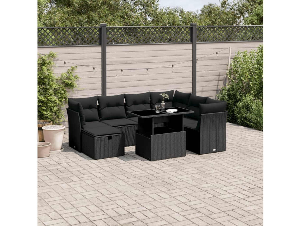Vidaxl 8 Pcs Conjunto Sofás De Jardim Com Almofadões Vime Pe Preto