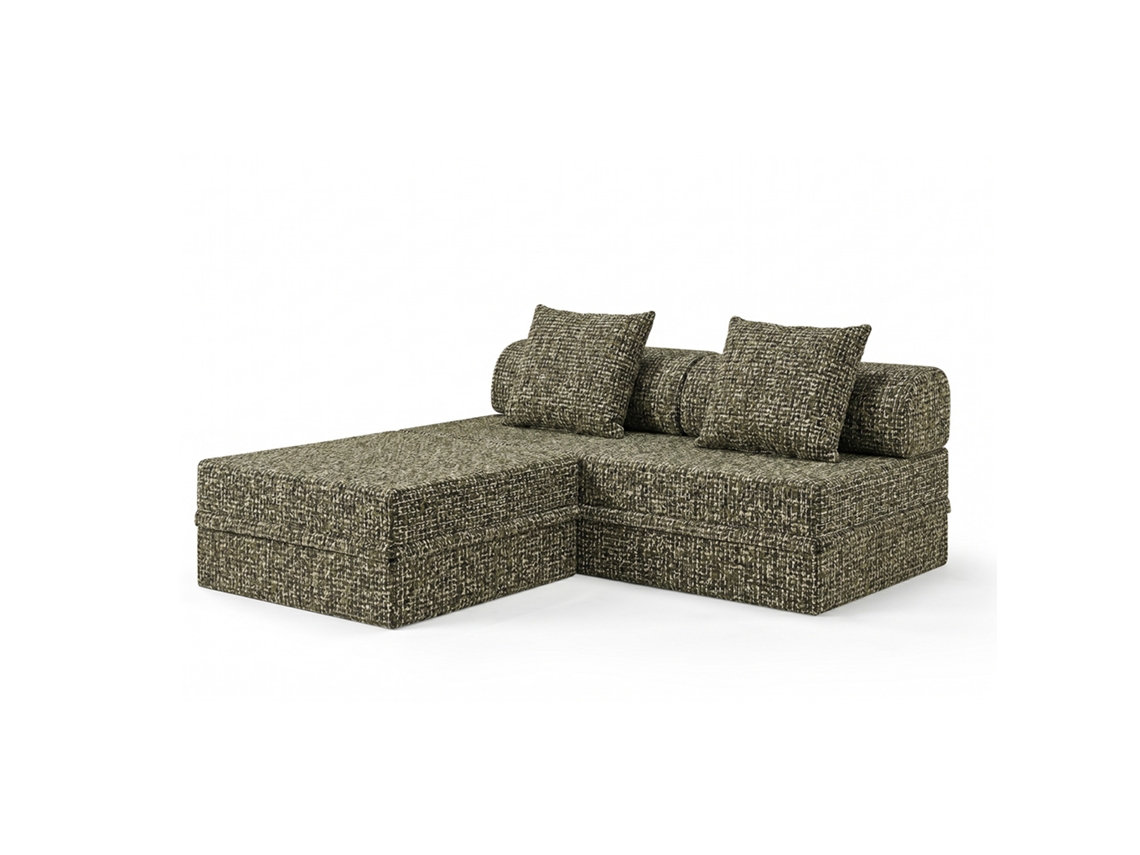Sofá Modular 3 Lugares + Puff Convertível Tweed Verde Oliva SKOFFA