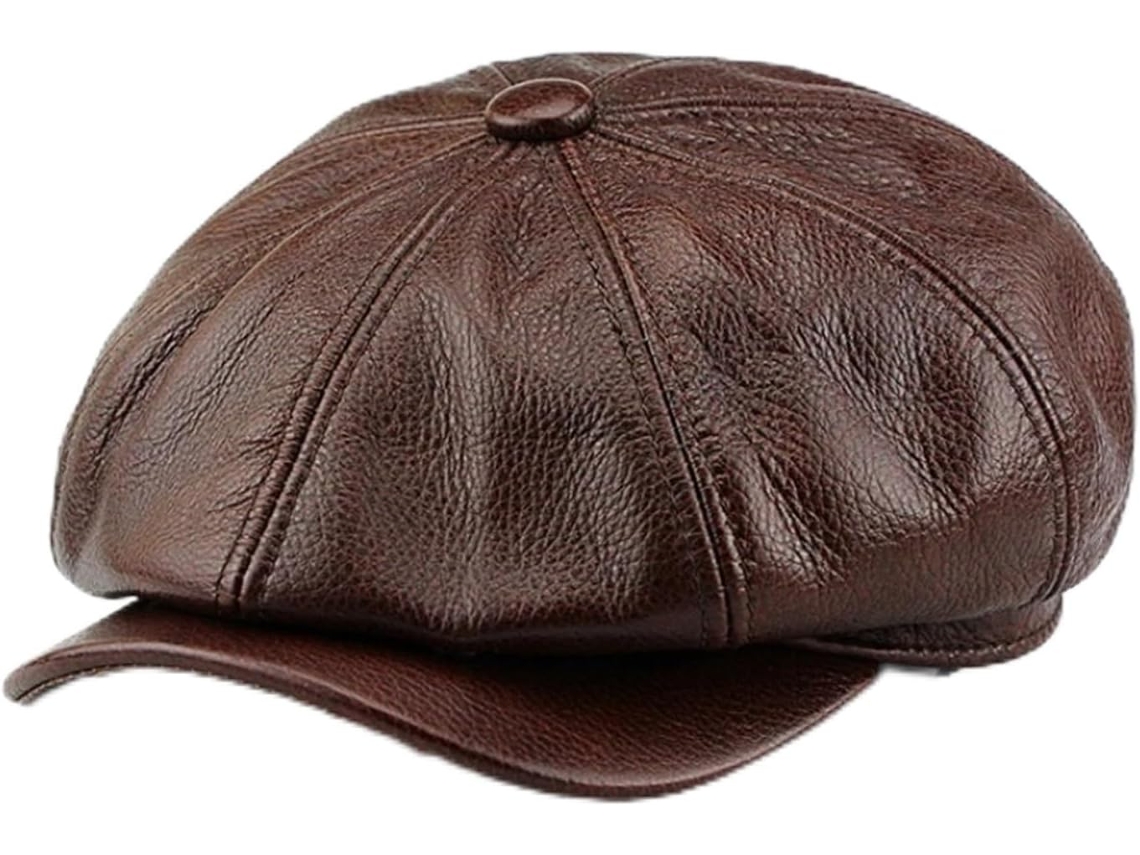 Boné Masculino Octogonal em Couro Genuíno SFUSHOS Estilo Vintage para Inverno, Quente e com Design Artístico