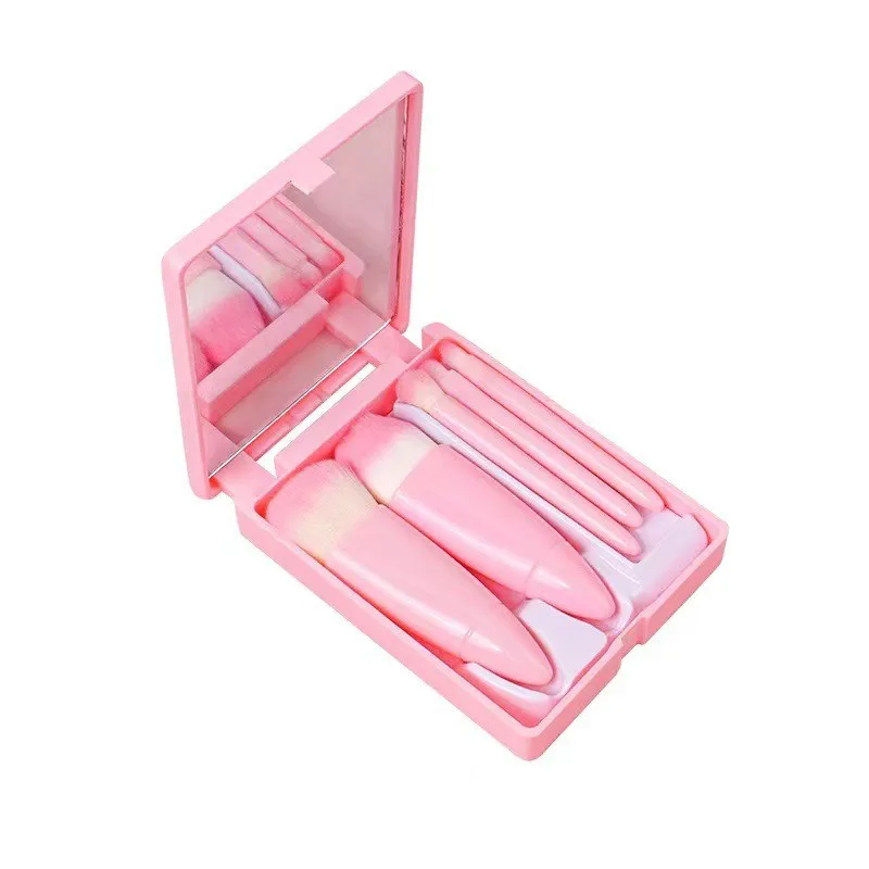 Conjunto Portátil De 5 Pincéis De Maquiagem Com Espelho (rosa), Conjunto Multifuncional Para Armazenamento.