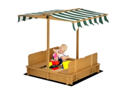 Caixa De Areia Para Crianças De Madeira Com Toldo Ajustável Em Altura 2 Bancos E Encostos Para Jardim 106x106x121 Cm Natural