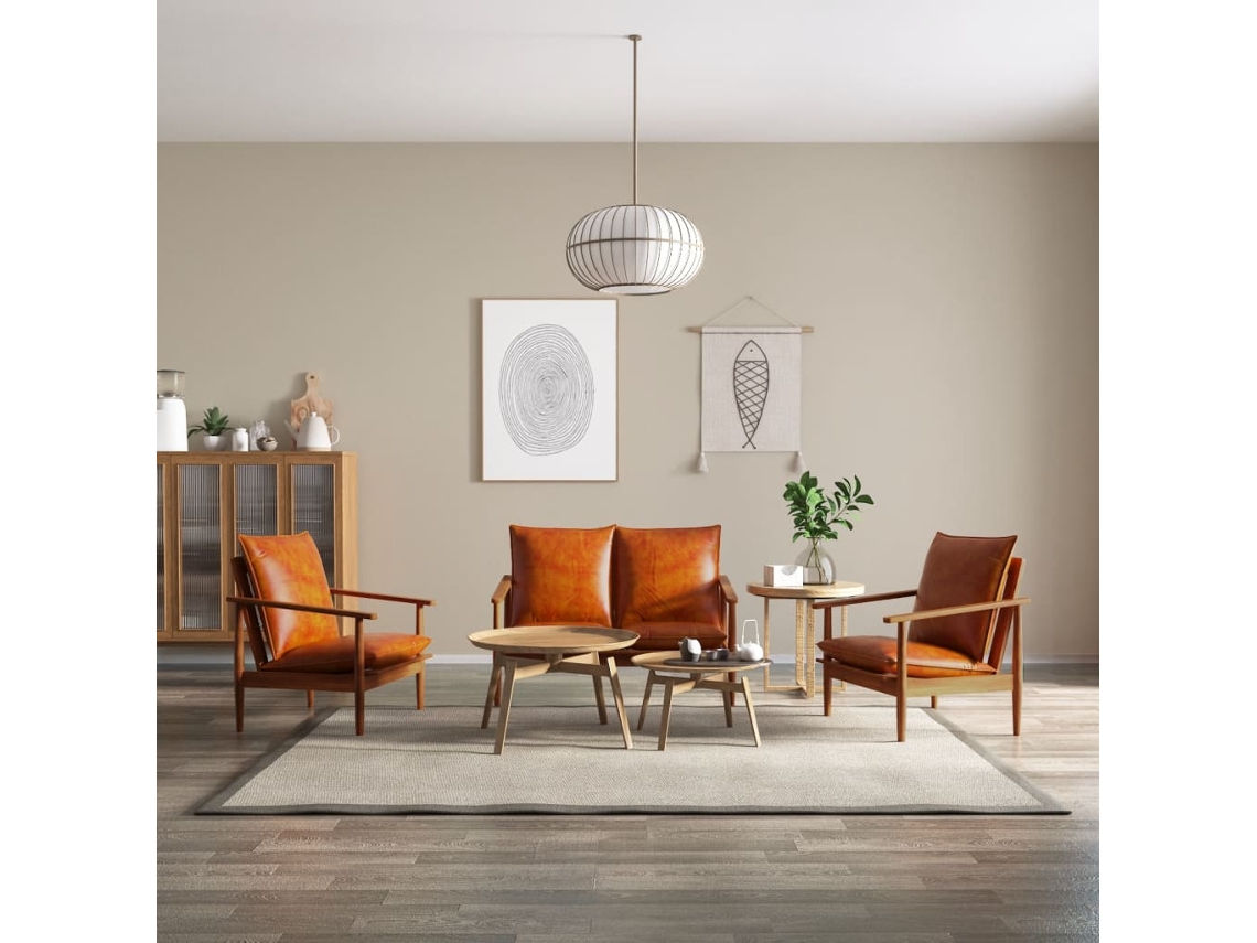 Vidaxl Conjunto De Sofás 3 Pcs Couro Genuíno E Acácia Maciça Castanho