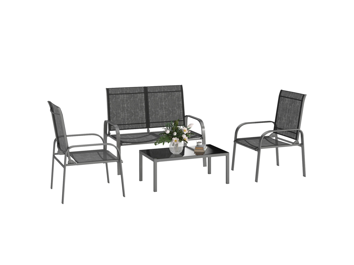 Conjunto Externo De 4 Peças Com Mesa De Centro, 2 Cadeiras E Sofá Com Encosto Ajustável, Em Aço E Tecido Preto.