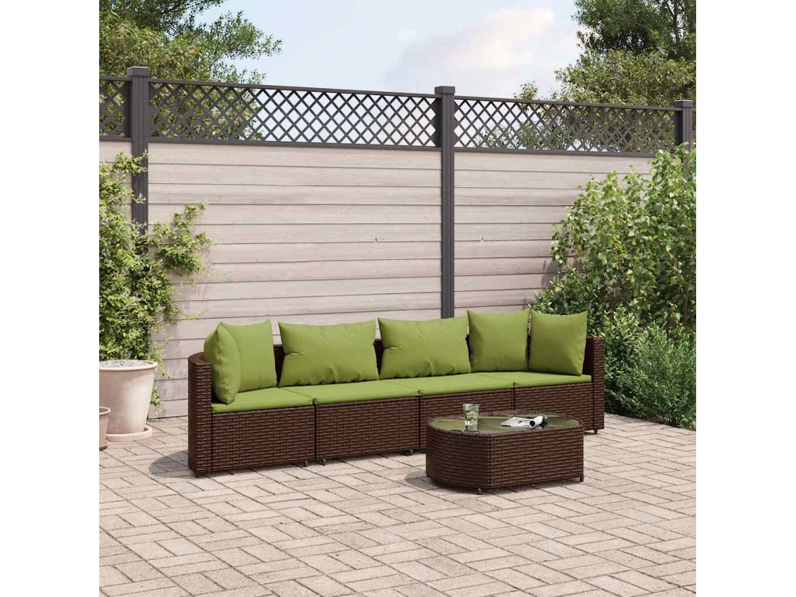 Jogo 5 Peças Sofás P/ Jardim C/ Almofadões Vime Pe Marrom Dkd Home Decor