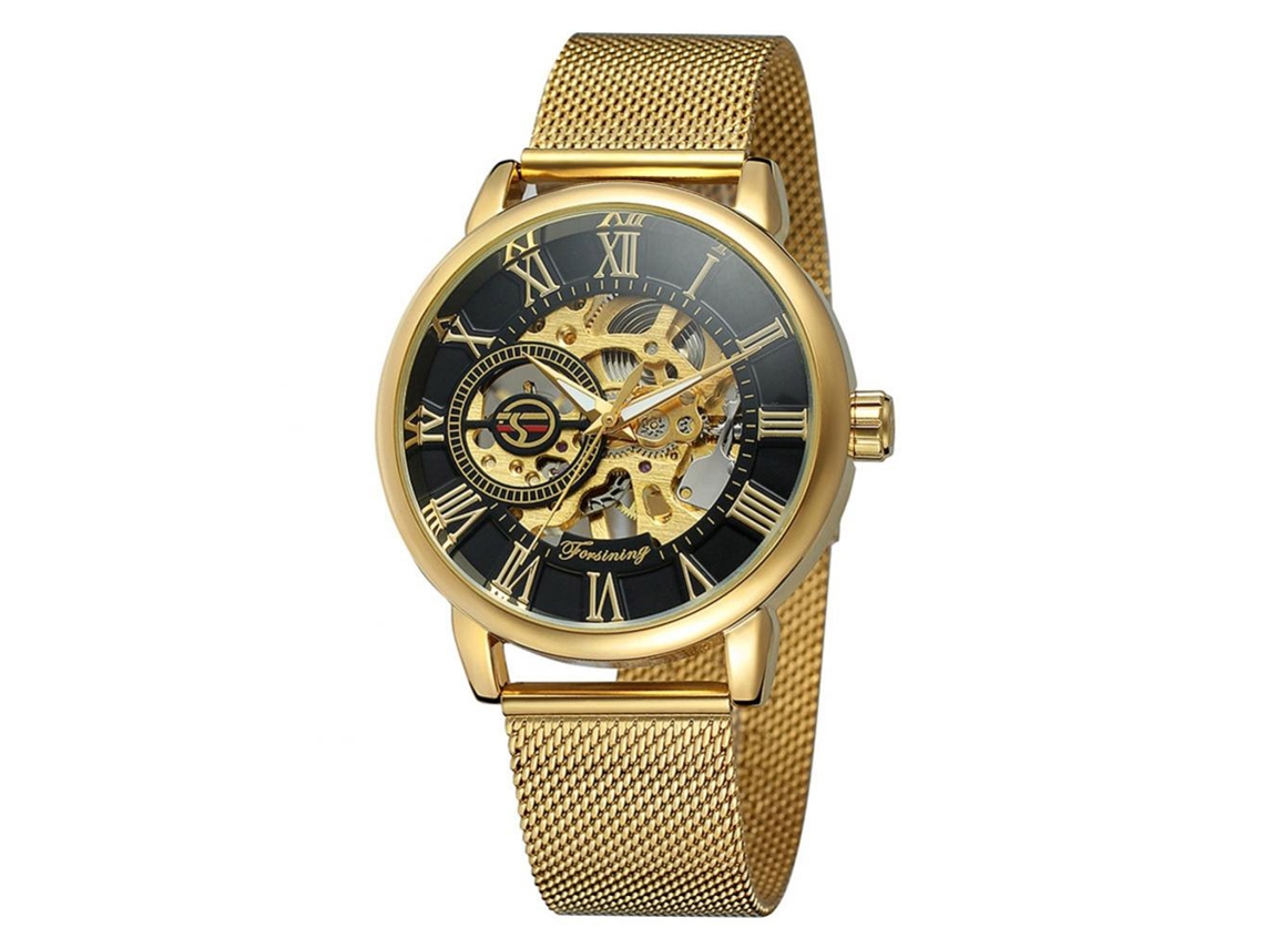 Relógio mecânico masculino Forsining, resistente à água, com pulseira de malha de aço vazada (preto + dourado + dourado)