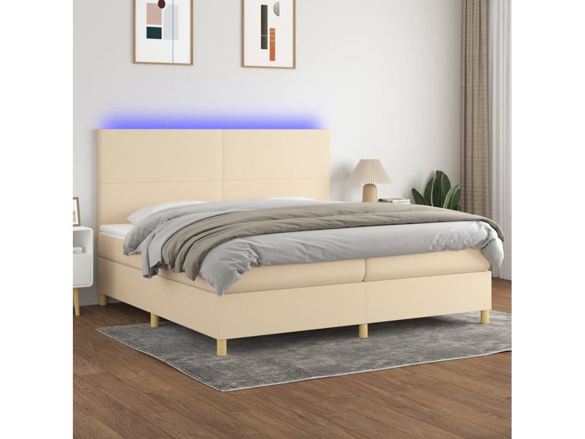 Vidaxl Cama Box Spring C/ Colchão E Led 200x200 Cm Tecido Cor Creme