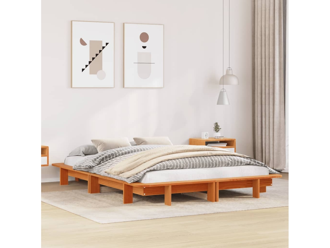 Vidaxl Cama Sem Colchão 135x190 Cm Madeira Pinho Maciça Castanho-mel