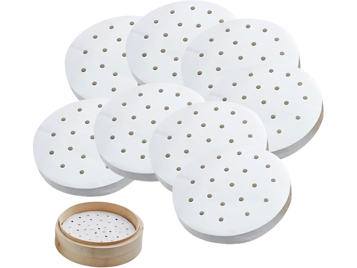 100 Folhas De Papel Manteiga Perfurado Bambu 19 Cm (7,5 Polegadas) Para Cestas Vapor – Antiaderente Dim Sum E Fritadeiras Elétricas.