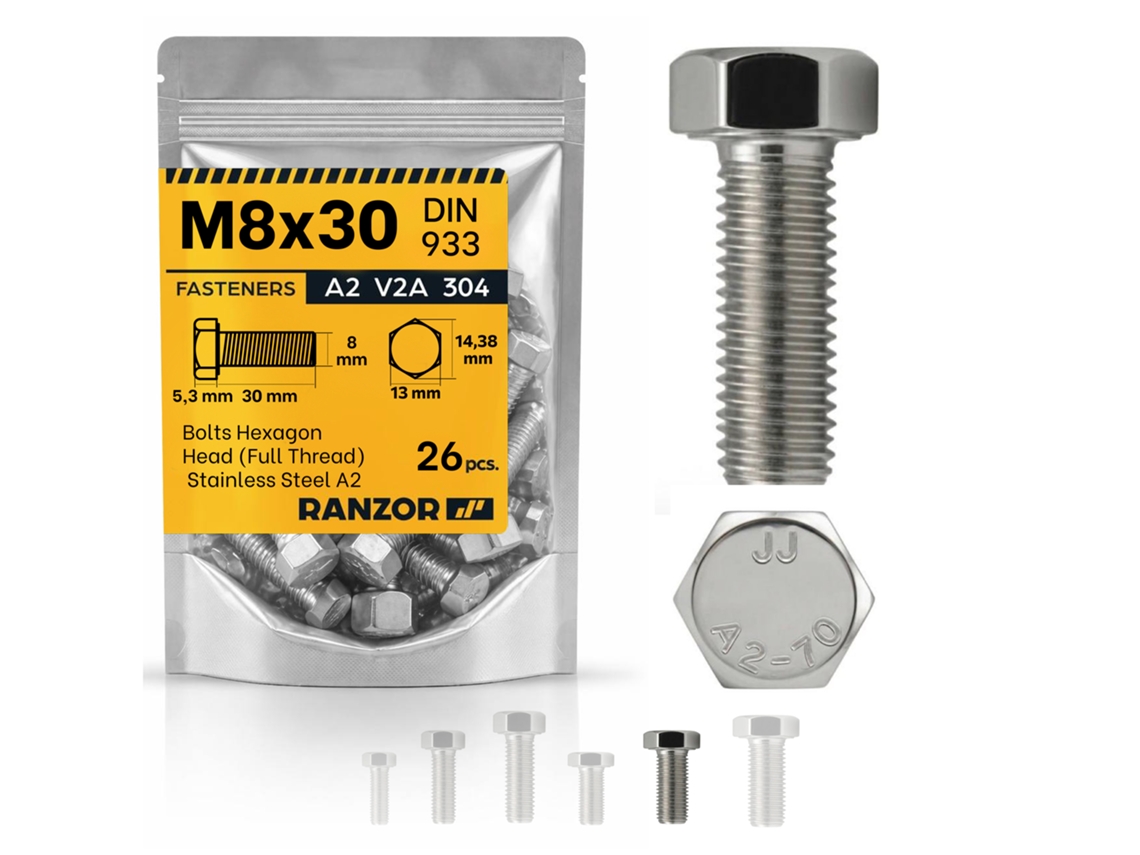 Parafuso Sextavado Inox A2 Din 933 M8x30 (26 Un.) Ranzor | Hex Bolt Stainless Steel Aisi 304