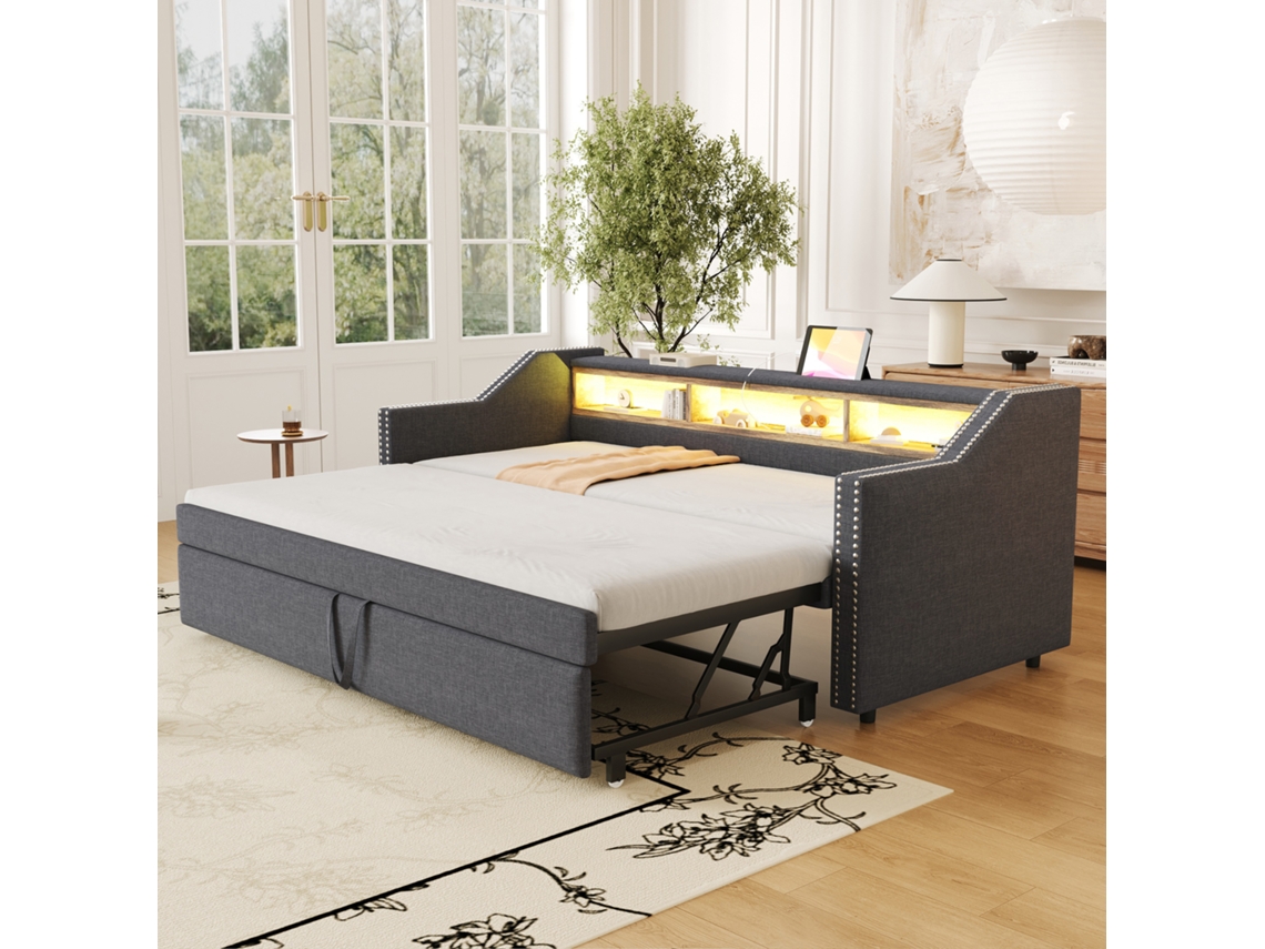 Sofá-cama Cinza Escuro 90/180x190cm, Compartimentos, Led, Usb.-op