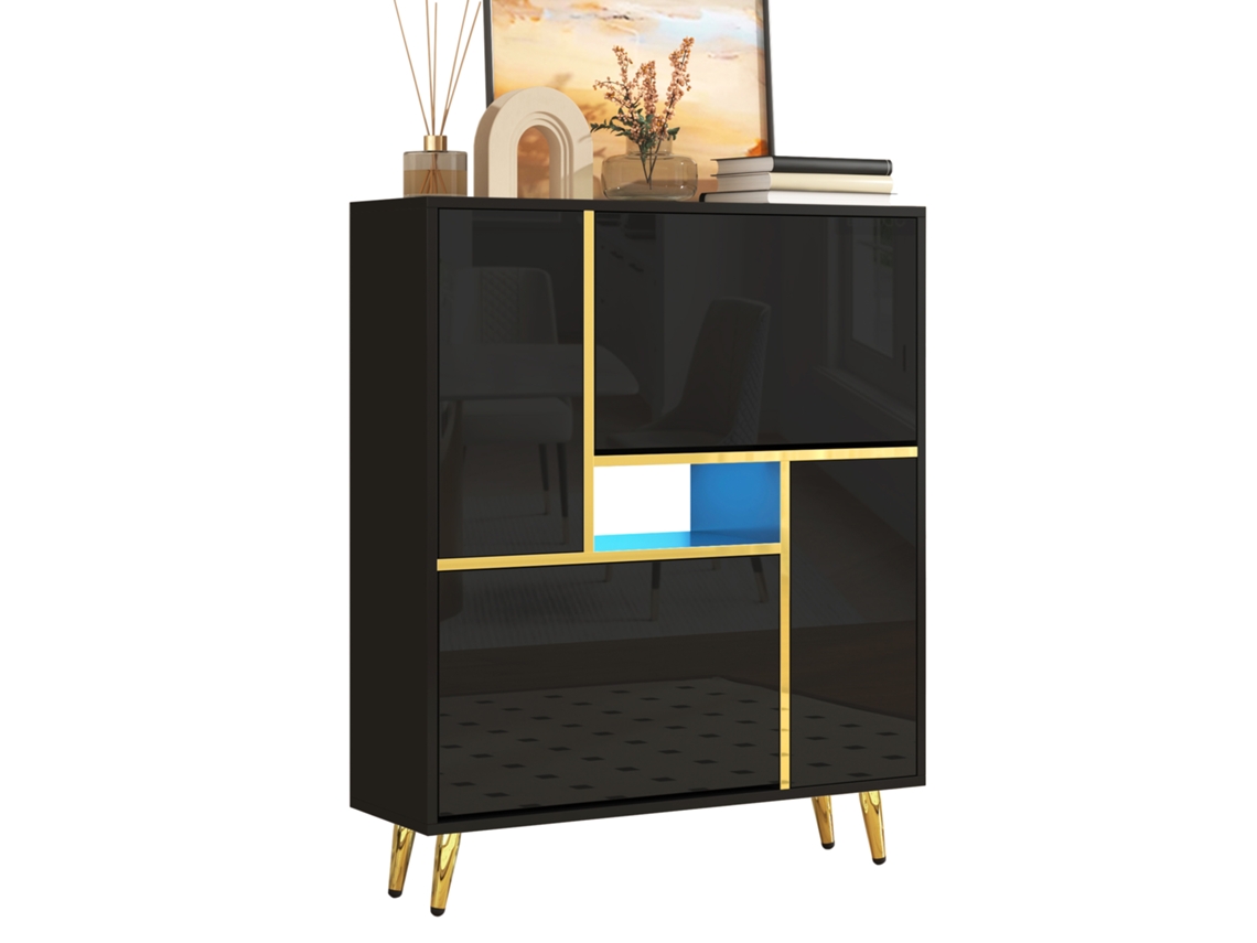Sapateira Led 16 Cores 2 Portas Prateleiras Ajustáveis Preto Dourado