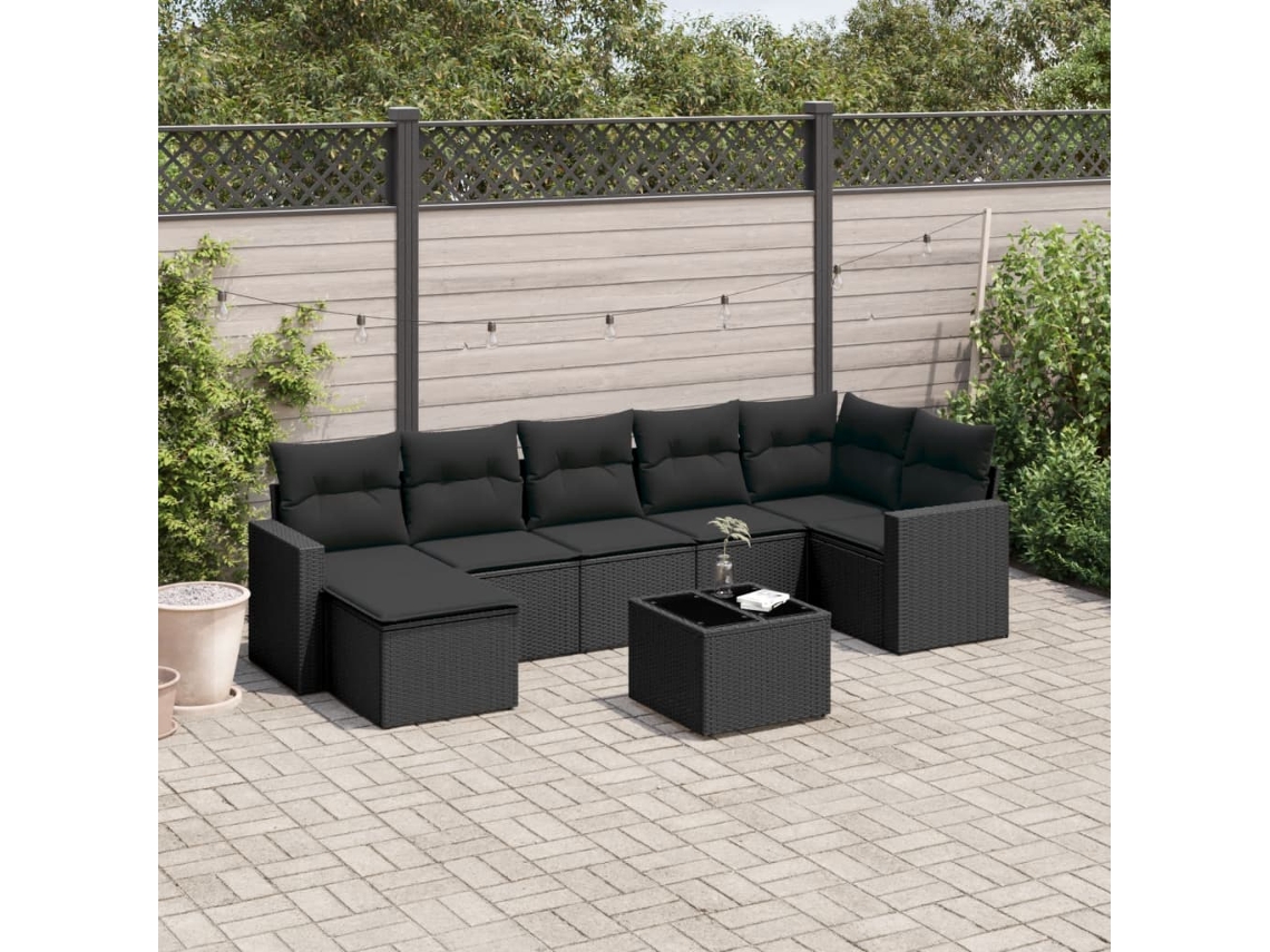 Vidaxl 8 Pcs Conjunto Sofás De Jardim Com Almofadões Vime Pe Preto