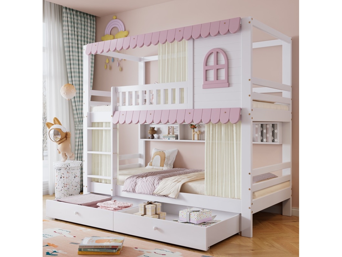 Beliche 90x200 Rosa com Janelas Cortinas e Gavetas VELTRIX
