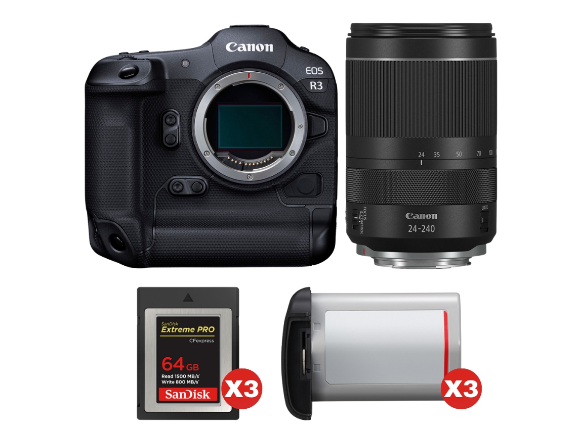 Eos R3 + Rf 24 240mm F/4 6.3 Is Usm + 3 Sandisk 64gb Extreme Pro Cfexpress Type B + 3 Canon Lp e19 + Ebook Pricedirect CANON