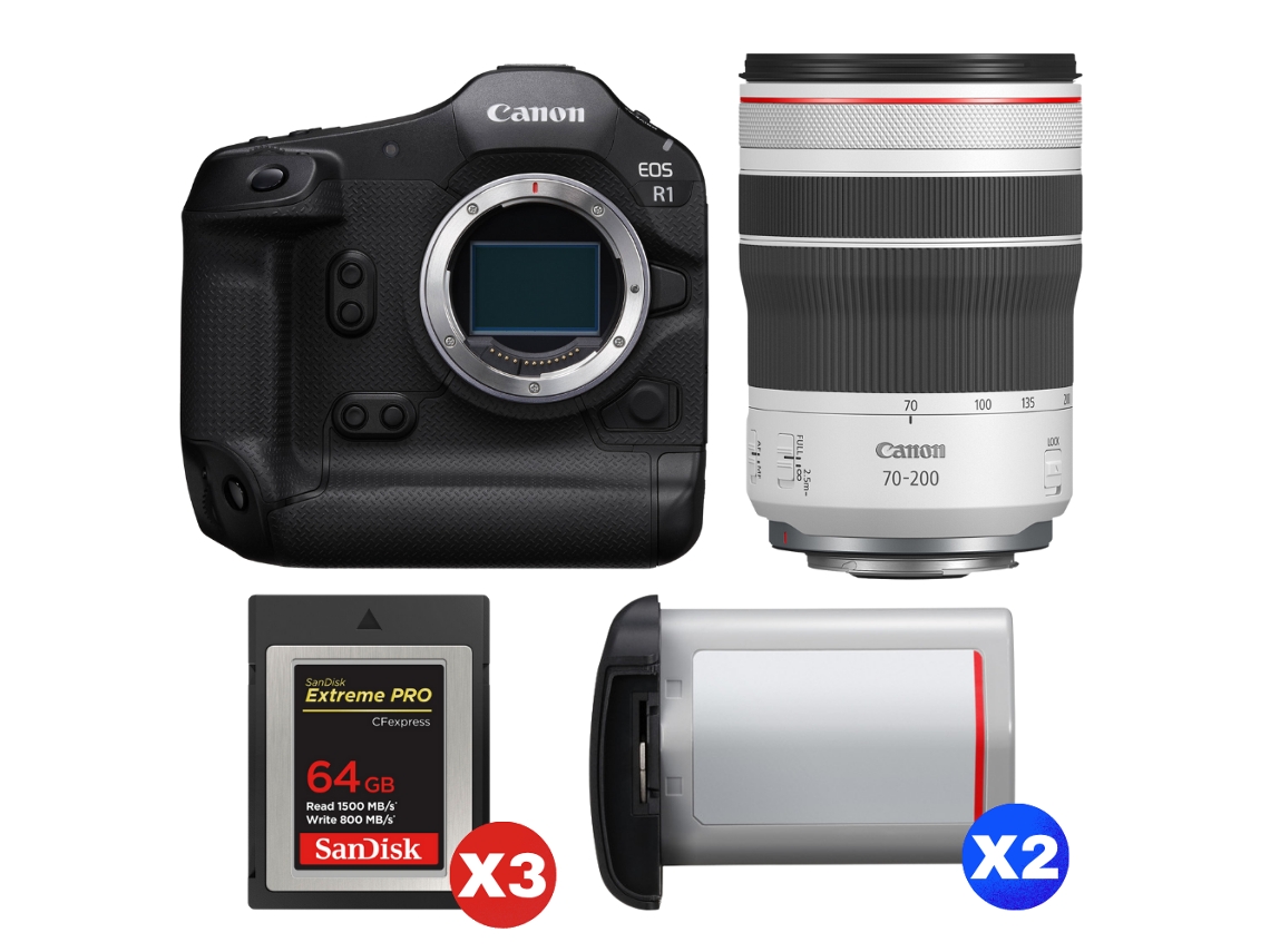 Eos R1 + Rf 70 200mm F/4 L Is Usm + 3 Sandisk 64gb Extreme Pro Cfexpress Type B + 2 Canon Lp e19 + Ebook “20 Dicas para Fotos Que Impressionam” CANON