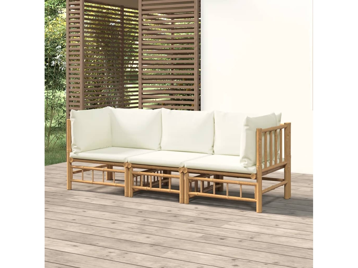 Vidaxl 3 Pcs Conjunto Lounge De Jardim Bambu C/ Almofadões Branco Nata