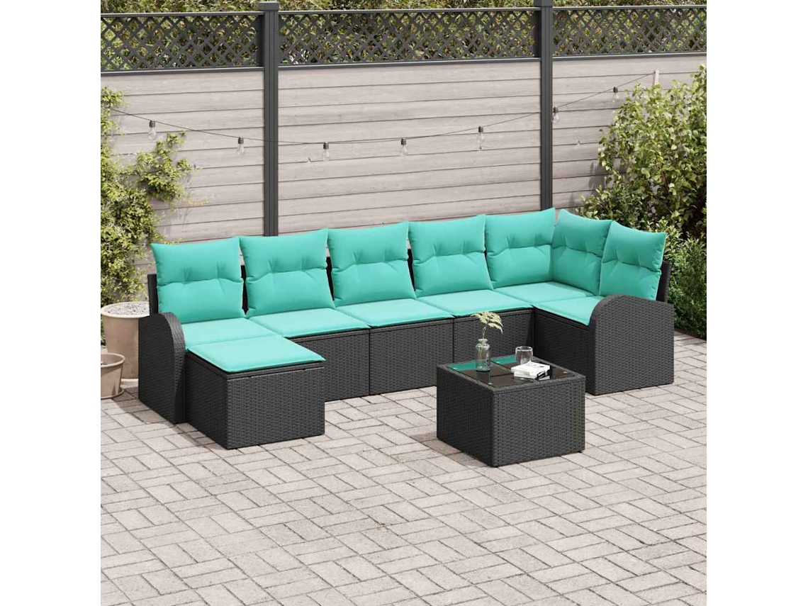Vidaxl Conjunto De Sofás 8 Unid. Preto E Turquesa Vime Pe