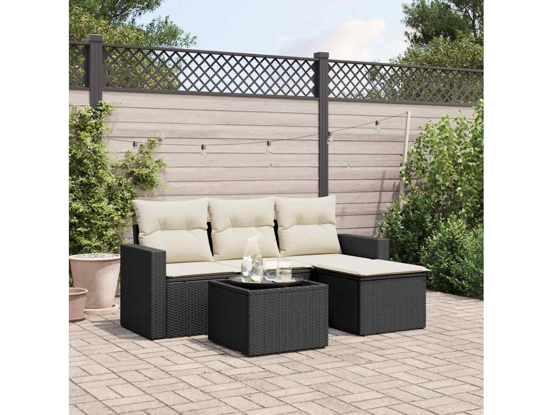 Vidaxl 5 Pcs Conjunto Sofás De Jardim Com Almofadões Vime Pe Preto