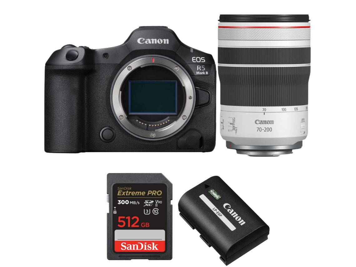 Eos R5 Mark Ii + Rf 70 200mm F/4 L Is Usm + 1 Sandisk 512gb Uhs ii 300mb/s + 1 Canon Lp e6p + Ebook “20 Dicas para Fotos Que Impressionam” CANON
