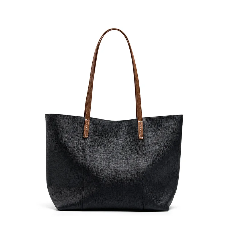 (2378-preto) Bolsa Feminina 100% Em Couro Genuíno, Bolsa De Ombro Feminina De Luxo Com Grande Capacidade.