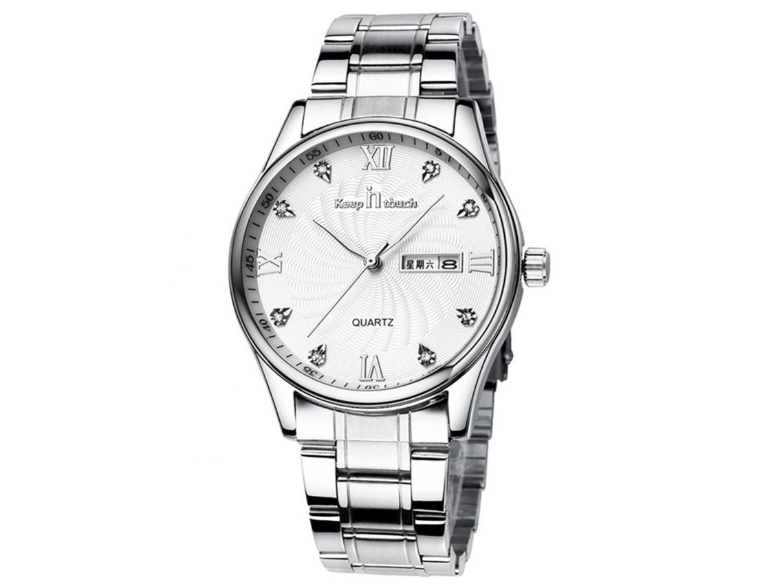 Reloj De Pareja Casual De Acero Inoxidable Con Cuarzo (caja Plata, Dial Blanco, Correa De Acero Para Hombre)