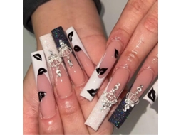 Unhas Falsas Longas Linjou com Strass, Glitter Preto e Branco, Ballerina Nude, Pronta para Usar