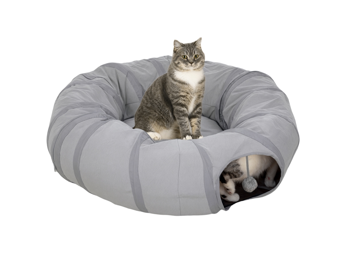 Tunnel Pour Chat Intérieur Rond Tunnel Avec Lit Et Coussin, Pliable, Avec Trous Pour Balles Et Judas, Ø 90 X 27 Cm Gris