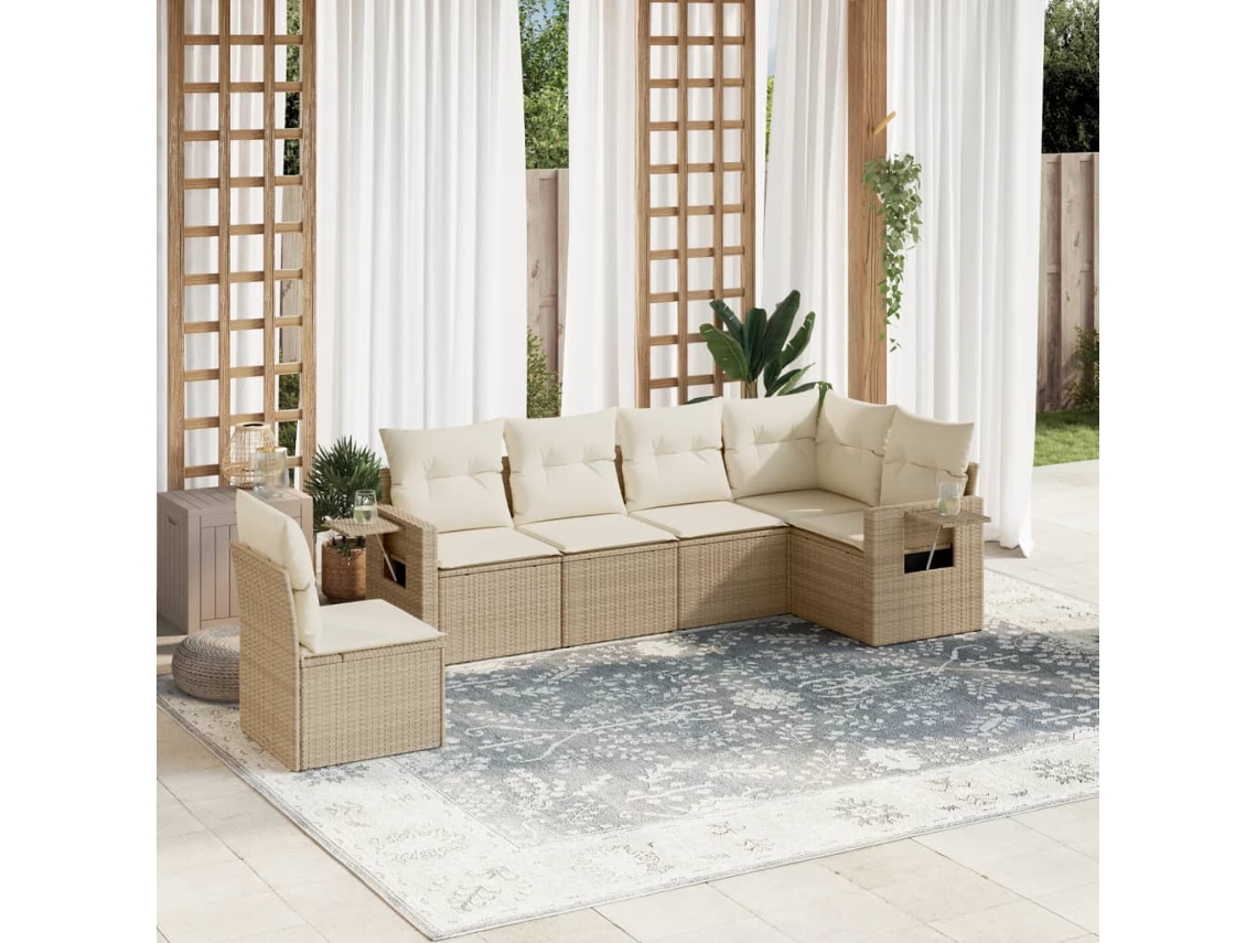 Vidaxl 6 Pcs Conjunto De Sofás P/ Jardim Com Almofadões Vime Pe Bege
