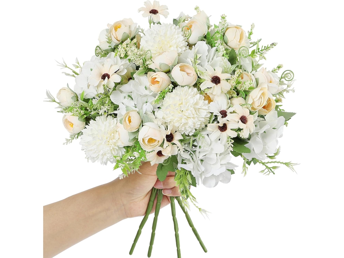 Conjunto de 4 Peças Flores Artificiais: Buquê Peônias e Hortênsias Seda, Arranjo Floral Artificial Cor Champanhe BRILVIBERA