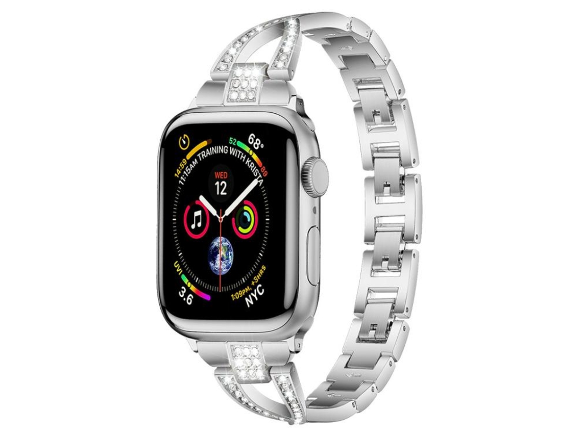 Bracelete Para Apple Watch 46/49/45/44mm - Metal Com Diamante Em Formato X Prateada