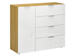 Aparador de Sala de Estar com 4 Gavetas de Alto Brilho Porta e Prateleiras Ajustáveis 105x35x92cm Branco e Madeira BTFORUS