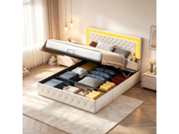 Cama Estofada 140x200 Cm Cama De Casal Em Veludo Bege,cabeceira Com Botões,luzes Led Rgb,caixa De,armazenamento Com Mecanismo Hidráulico,rosahqnda