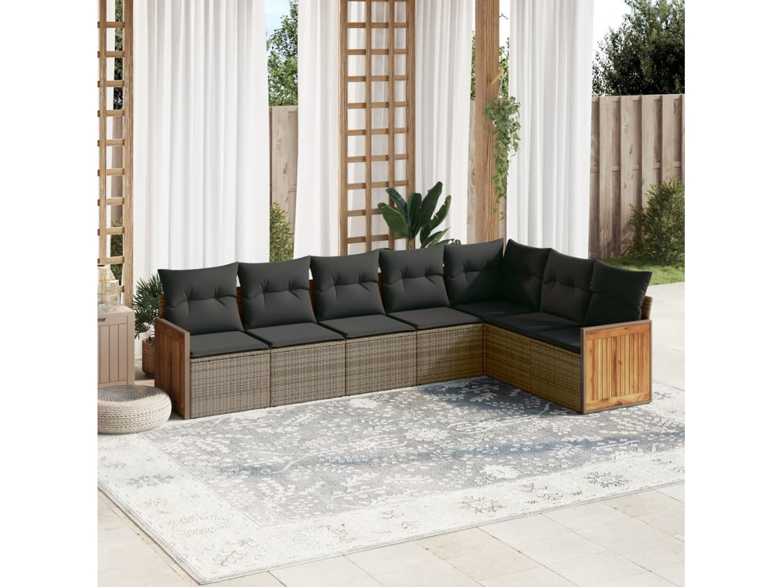 Vidaxl 7 Pcs Conjunto Sofás P/ Jardim C/ Almofadões Vime Pe Cinzento