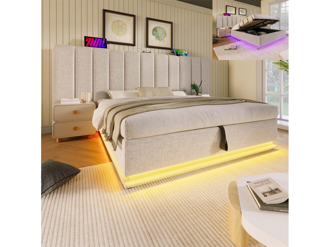 Cama De Casal Estofada Armazenamento Led Usb-c Gutent Linho Bege (160x200cm)