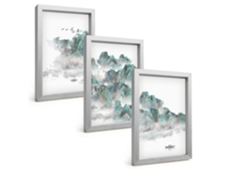 Pinturas Murais Modernasmontanhas Nuvens Pássaros Barco Japão Moldura Prateada Fotos Para O Corredor Espelharte (3 Peças 20x30 Cm)