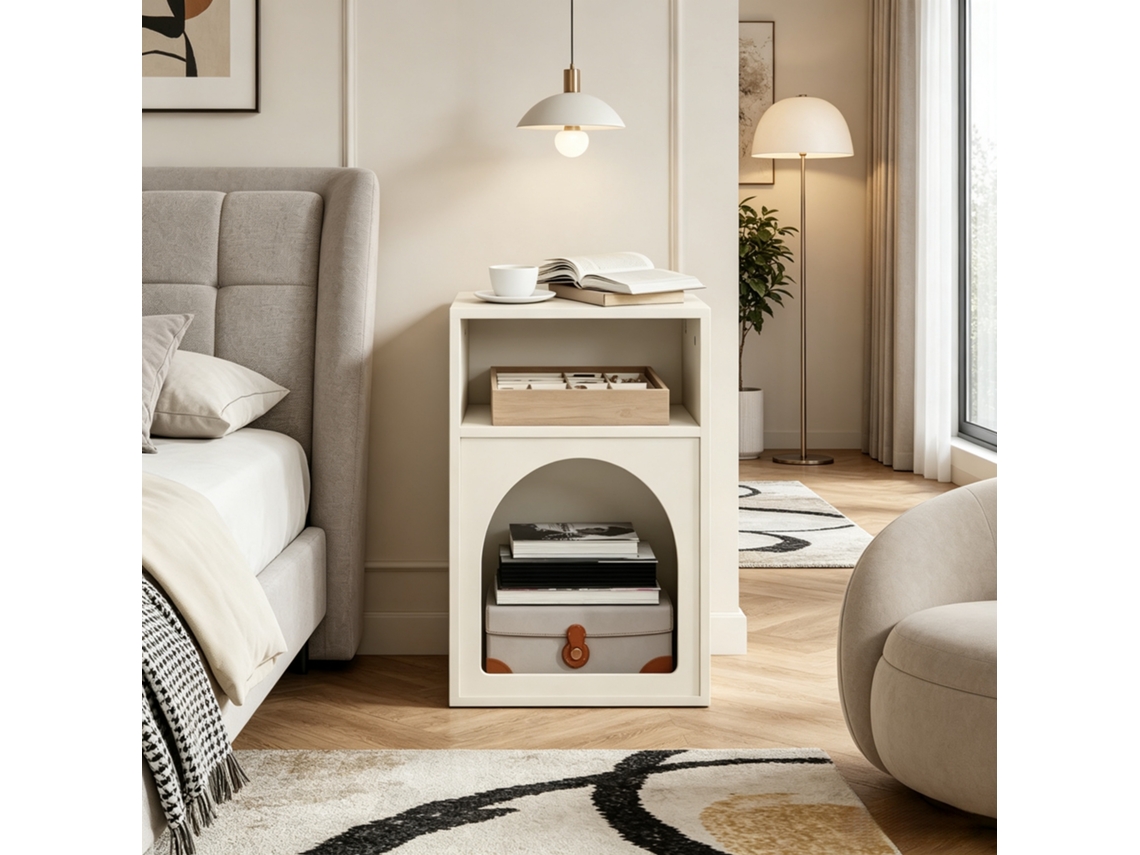 Mesa De Cabeceira Moderna Com Compartimentos Abertos E Design Curvo, Ideal Como Mesa Lateral Para Quarto
