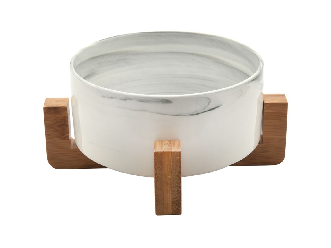 Tigela de Cerâmica Marmorizada para Cães e Gatos com Suporte de Madeira e Proteção Contra Derramamento de Ração AQUAFORGE