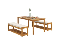 3 Peças Conjunto Móveis Jardim, Mesa Jantar+buraco Guarda chuva+2 Bancos Teca, 150x85x75cm pt