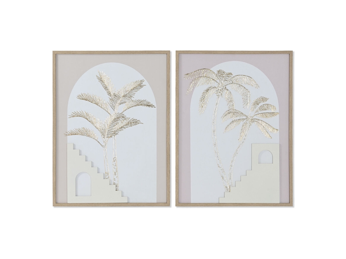Pintura HOME ESPRIT Branco Bege Palmeiras Escandinavo 45 x 2,2 x 60 cm (2 Unidades)