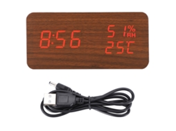 Reloj Despertador De Madera Con Led Y Controle De Voz, Retangular, De Madera Marrón, Con Luz Roja, Digital