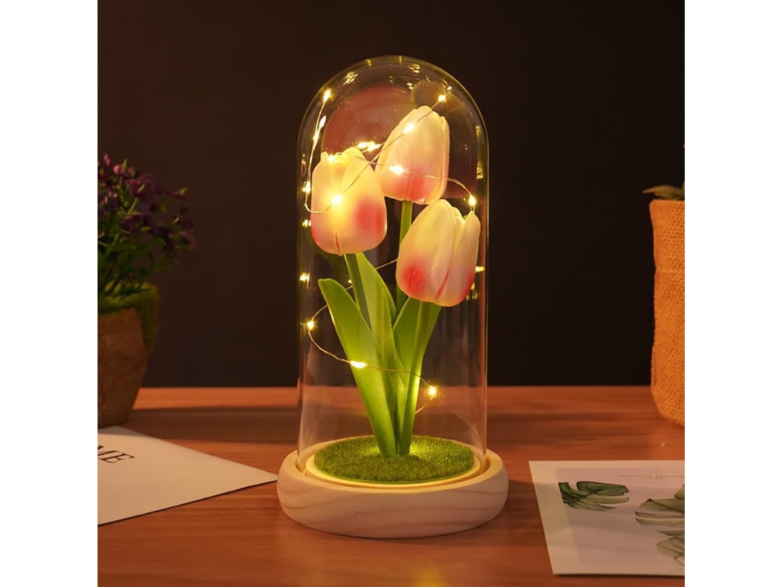 Tulipa Eterna Sob Cúpula De Vidro Com Luzes Led, Decoração Interiores,