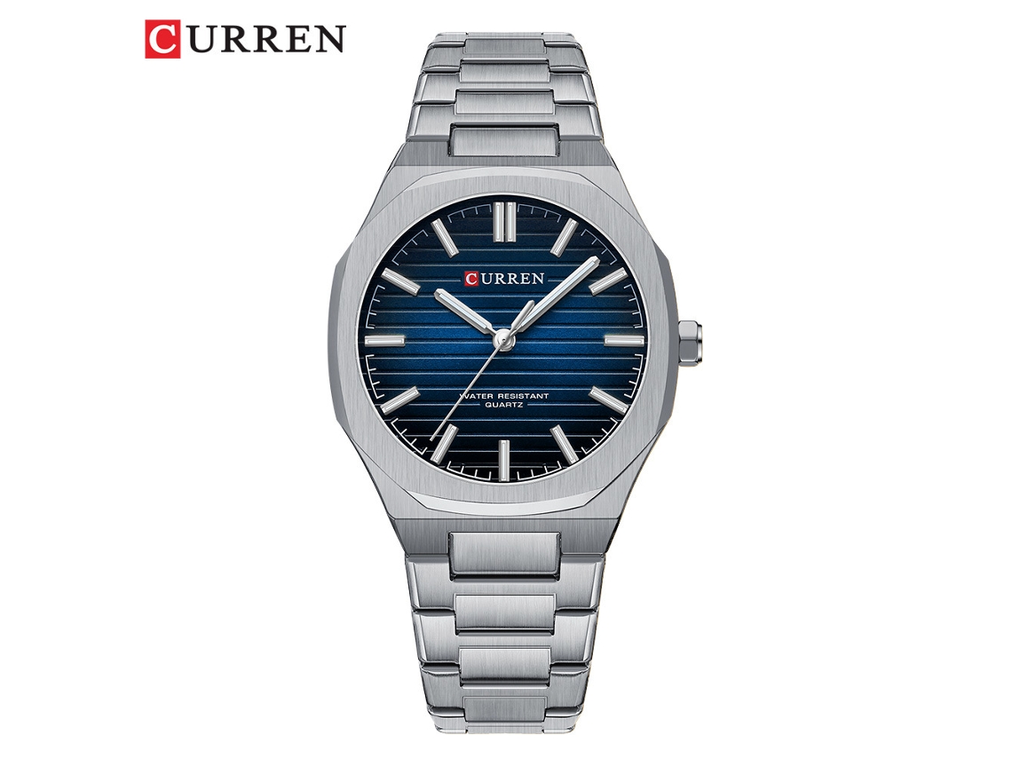 Relógio de Pulso Masculino Casual com Mecanismo de Quartzo Listrado Simples , Pulseira de Aço. MDUG (azul Prateado)