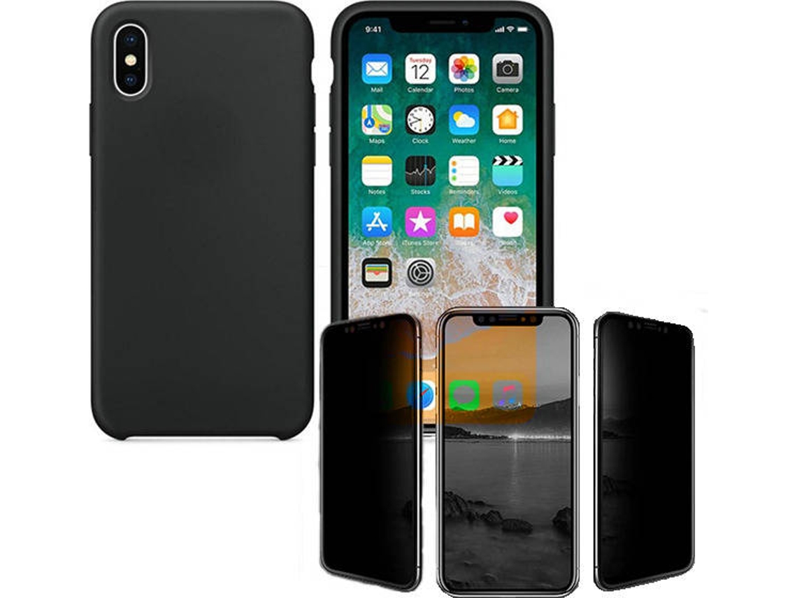 Kit Capa e Película de Vidro 5D Anti-Spy iPhone XR Silicone Líquido Preto