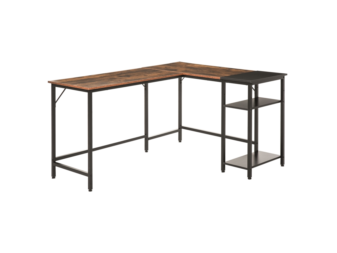 Secretária Angular Em Estilo Industrial Com Prateleira Lateral, Em Madeira E Metal Preto, 150x120x75cm