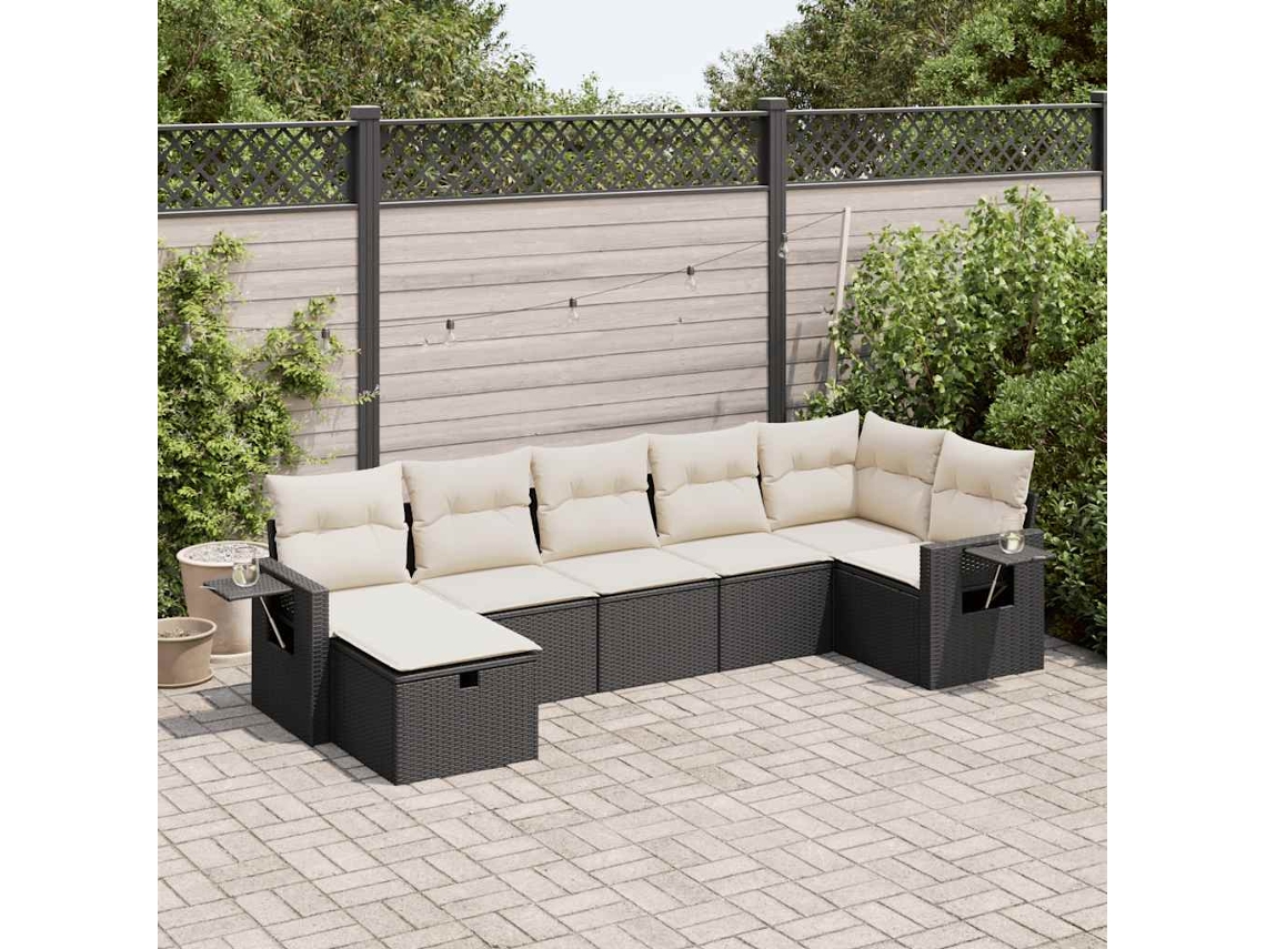 Vidaxl 7 Pcs Conjunto De Sofás P/ Jardim C/ Almofadões Vime Pe Preto
