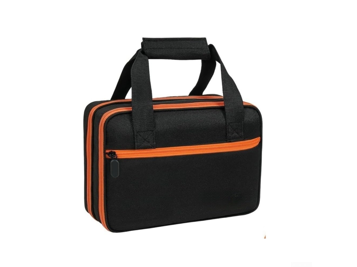 Este testador de voltagem Wolfbox MF100 com sistema de alças elásticas, bolsa frontal e compartimentos de Malha Com