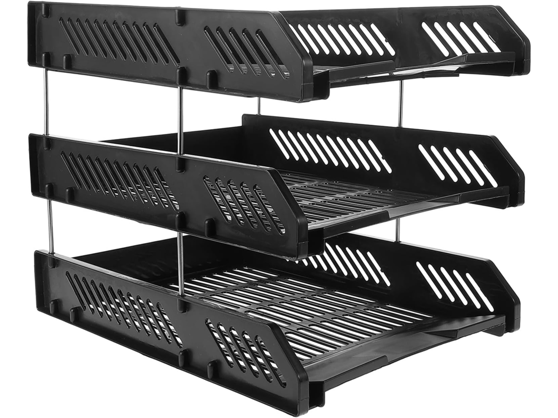 Organizador de Mesa Amosfun 3 Níveis, Fácil Montar, em Pp Preto, com Estrutura Perfurada Circular e Resistente
