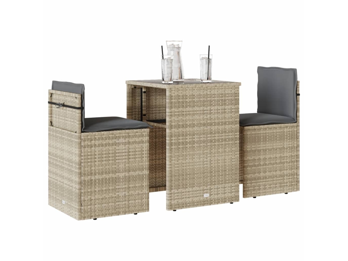 Vidaxl 3 Pcs Conjunto Bistrô com Almofadões Vime Pe Cinzento Claro
