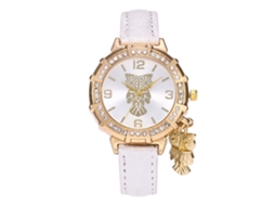 Relógio de Pulso Feminino com Pingente de Coruja e Strass Pulseira de Couro Pu Branco